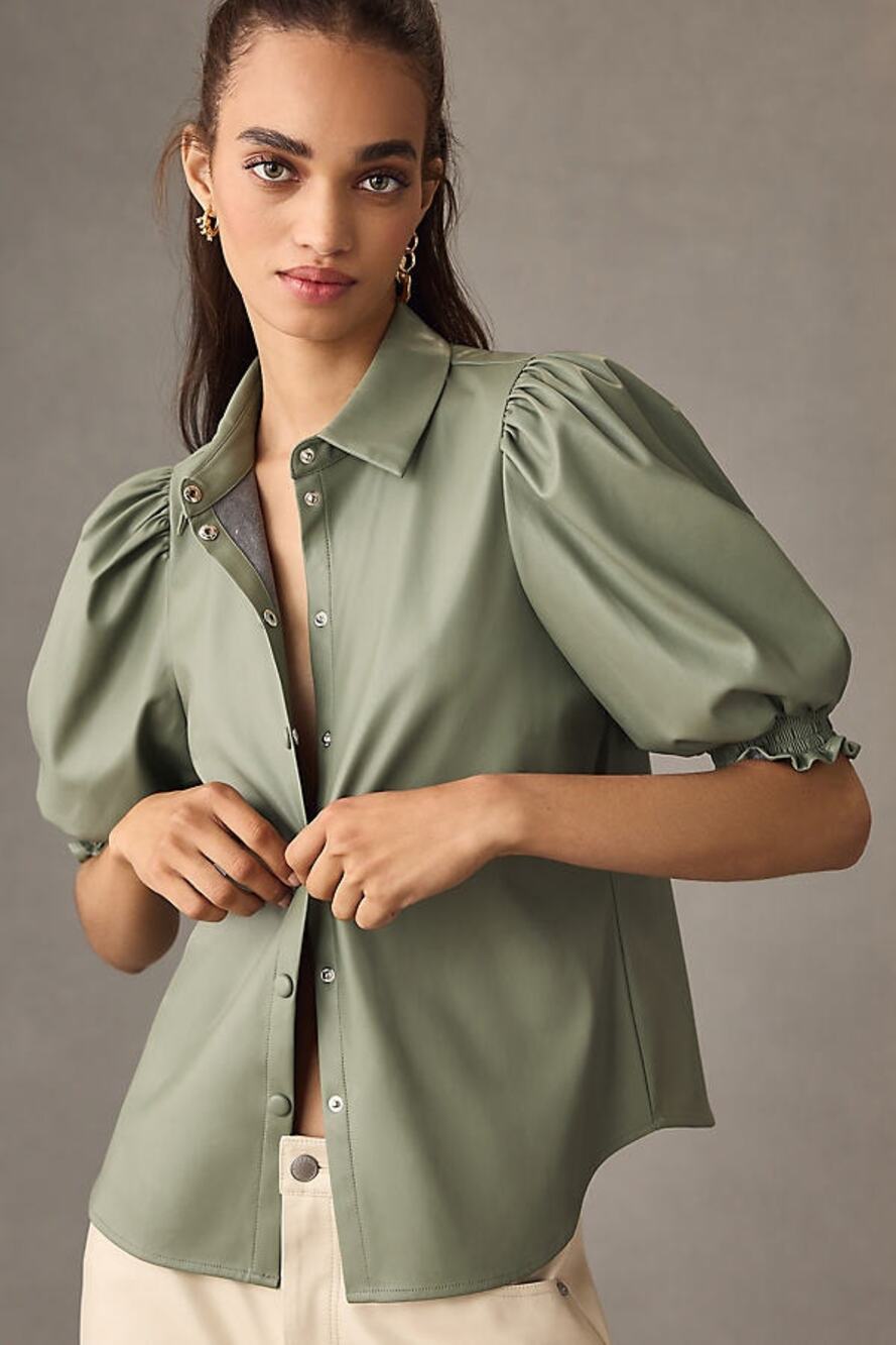Anthropologie Dolan Left Coast Moss Green puff-sleeve faux leather blouse XXS